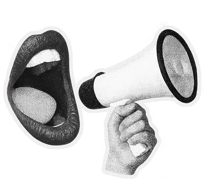 Bouche ouverte pointant le mégaphone dans la main